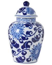 Wyld And Coco Living White And Blue Lidded Ginger Jar Vase Porcelain, 18Cm X 36Cm - thumbnail 1