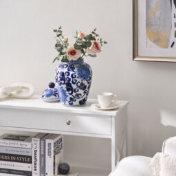 Wyld And Coco Living White And Blue Lidded Ginger Jar Vase Porcelain, 18Cm X 36Cm - thumbnail 2