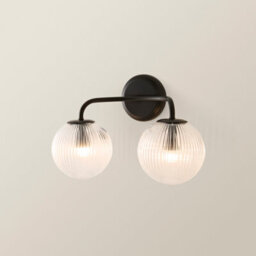 Valuelights Kempton Matte Black Ribbed Glass Globe 2 Arm Wall Light With Bulbs - thumbnail 3
