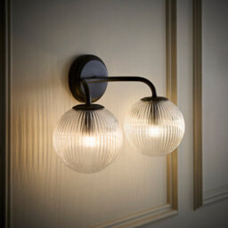 Valuelights Kempton Matte Black Ribbed Glass Globe 2 Arm Wall Light With Bulbs - thumbnail 2