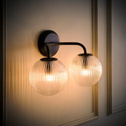 Valuelights Kempton Matte Black Ribbed Glass Globe 2 Arm Wall Light With Bulbs - thumbnail 1