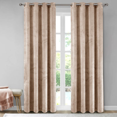 Aspire Homeware Beige Velvet Curtain Room Darkening Blackout Eyelet Curtain Pair (W) 228Cm X (D)228Cm With Tie Back Pair