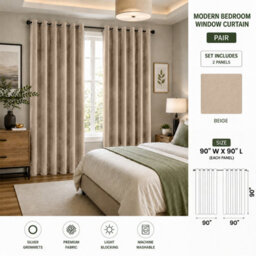 Aspire Homeware Beige Velvet Curtain Room Darkening Blackout Eyelet Curtain Pair (W) 228Cm X (D)228Cm With Tie Back Pair - thumbnail 9