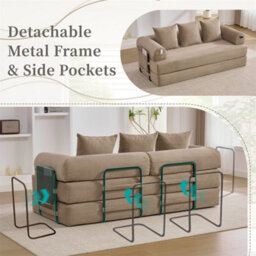 Abrihome Foldable Compressible Sofa With Sturdy Metal Frame, Perfect For Small Spaces - Modern Fabric & Metal, Khaki - thumbnail 7