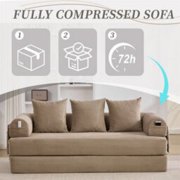 Abrihome Foldable Compressible Sofa With Sturdy Metal Frame, Perfect For Small Spaces - Modern Fabric & Metal, Khaki - thumbnail 4