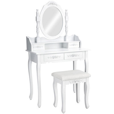 Tectake Dressing Table With Mirror And Stool 4 Drawers White Makeup Vanity Desk Dresser Bedroom Storage - White - image 1
