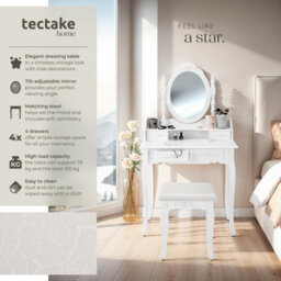Tectake Dressing Table With Mirror And Stool 4 Drawers White Makeup Vanity Desk Dresser Bedroom Storage - White - thumbnail 2