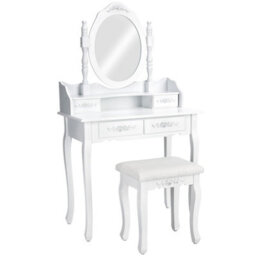 Tectake Dressing Table With Mirror And Stool 4 Drawers White Makeup Vanity Desk Dresser Bedroom Storage - White - thumbnail 1