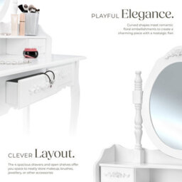 Tectake Dressing Table With Mirror And Stool 4 Drawers White Makeup Vanity Desk Dresser Bedroom Storage - White - thumbnail 3