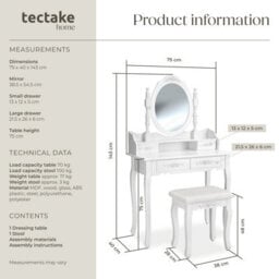 Tectake Dressing Table With Mirror And Stool 4 Drawers White Makeup Vanity Desk Dresser Bedroom Storage - White - thumbnail 6