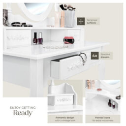 Tectake Dressing Table With Mirror And Stool 4 Drawers White Makeup Vanity Desk Dresser Bedroom Storage - White - thumbnail 7