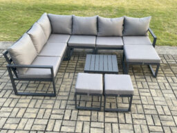 Fimous 9 Seater Outdoor Lounge Corner Sofa Set Aluminum Garden Furniture Sets With Square Coffee Table 3 Footstools - thumbnail 2