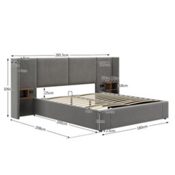 6Ft(180X200Cm),velvet Ottoman Lift Up Super King Size Bed Frame,with Sockets,with Two Bedside Tables,no Mattre, Grey - thumbnail 2