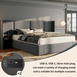 6Ft(180X200Cm),velvet Ottoman Lift Up Super King Size Bed Frame,with Sockets,with Two Bedside Tables,no Mattre, Grey - thumbnail 4