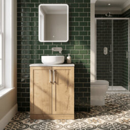 Balterley Stonnall Traditional Floor Standing 2 Door Vanity Unit With White Sparkle Laminate Worktop, 600mm, Autumn Oak - thumbnail 4