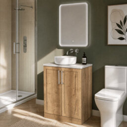 Balterley Stonnall Traditional Floor Standing 2 Door Vanity Unit With White Sparkle Laminate Worktop, 600mm, Autumn Oak - thumbnail 2