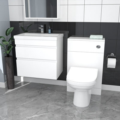 Nes Home White Wall Hung 600mm Vanity Unit 2 Drawer With Wc Unit & Btw Toilet - image 1