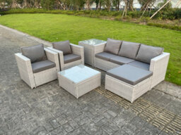 Fimous 6 Seat Light Grey Lounge Outdoor Pe Rattan Garden Furniture Set Wicker Sofa Set Square Coffee Table Armchair - thumbnail 2