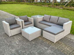Fimous 6 Seat Light Grey Lounge Outdoor Pe Rattan Garden Furniture Set Wicker Sofa Set Square Coffee Table Armchair - thumbnail 3