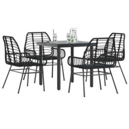 Berkfield 5 Piece Garden Dining Set Black Poly Rattan Glass - thumbnail 1
