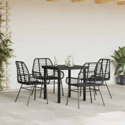 Berkfield 5 Piece Garden Dining Set Black Poly Rattan Glass - thumbnail 3
