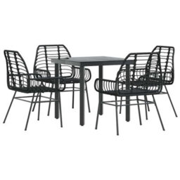 Berkfield 5 Piece Garden Dining Set Black Poly Rattan Glass - thumbnail 2