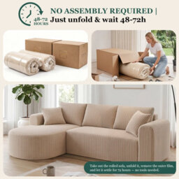 Luckracer Boneless Corner Sofa Couch Cloud Modular Sectional Sofa L Shaped Memory Foam Corduroy 245Cm, Right Facing Chaise Beige - thumbnail 7
