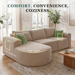 Luckracer Boneless Corner Sofa Couch Cloud Modular Sectional Sofa L Shaped Memory Foam Corduroy 245Cm, Right Facing Chaise Beige - thumbnail 9
