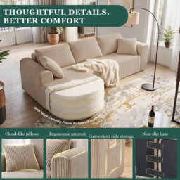 Luckracer Boneless Corner Sofa Couch Cloud Modular Sectional Sofa L Shaped Memory Foam Corduroy 245Cm, Right Facing Chaise Beige - thumbnail 3