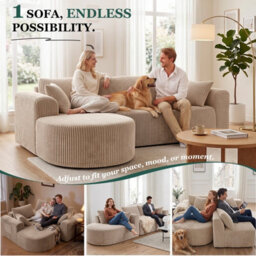Luckracer Boneless Corner Sofa Couch Cloud Modular Sectional Sofa L Shaped Memory Foam Corduroy 245Cm, Right Facing Chaise Beige - thumbnail 5