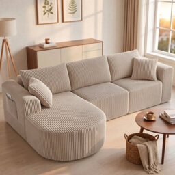 Luckracer Boneless Corner Sofa Couch Cloud Modular Sectional Sofa L Shaped Memory Foam Corduroy 245Cm, Right Facing Chaise Beige