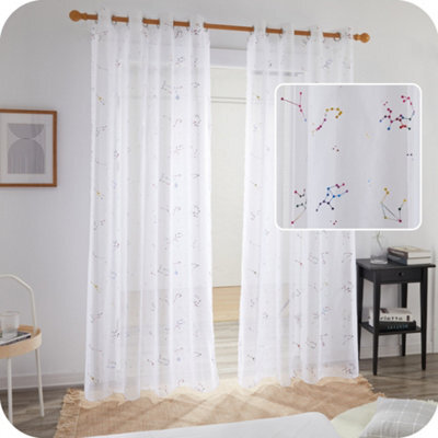 Deconovo Foil Printed Constellation Net Curtains Semi Transparet Decorative Voile Curtains For Bedroom 55 X 54 Inch 2 Panels