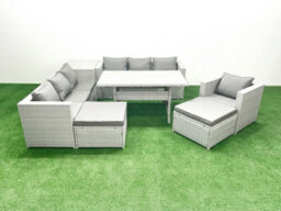 Fimous 8 Pieces Outdoor Rattan Sofa Set Cushions Patio Garden Furniture Sets Armchair Dining Table Side Table 2 Stools - thumbnail 2