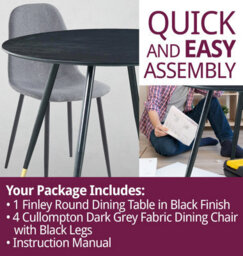 Hallowood Furniture Finley Small Round Dining Table In Black Finish With 4 Dark Grey Fabric Chairs - thumbnail 7