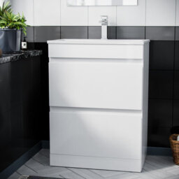 Nes Home White 600mm Pvc 2 Drawer Vanity Cabinet & Slim Basin Sink Floorstanding - thumbnail 2