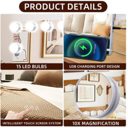 Matteo Ergonomic Hollywood Vanity Mirror 15-Dimmable Bulbs Touch Control Tabletop Usb Charging 58X46Cm Mt005846Bu-Ad - thumbnail 6