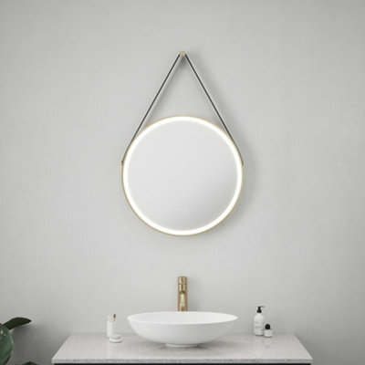 Bubly Bathrooms 600mm Round Led Mirror Tunable White Dimmable Light Demister Leather Strap Brushed Gold Trim - image 1