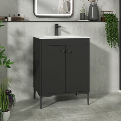 Royal Bathrooms Verona 600mm Matt Black Floor Standing Vanity Unit 2 Door With Carrara White Basin & Matt Black Knob - image 1