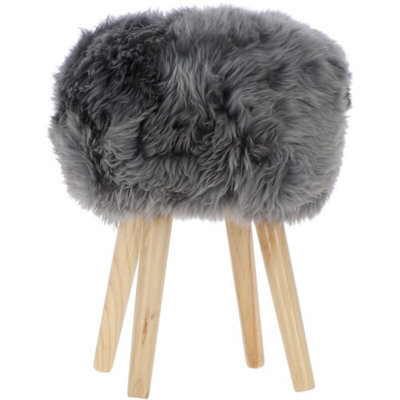 Fenland Sheepskin Fenland's Real Sheepskin Handmade Stool Grey With Wooden Legs - (H) 50Cm (Diameter) 39Cm - image 1