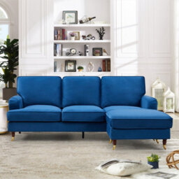 Woodbury 218Cm Reversible Blue Velvet Fabric Corner Sofa Walnut Colour Legs With Brass Coloured Wheel - thumbnail 2
