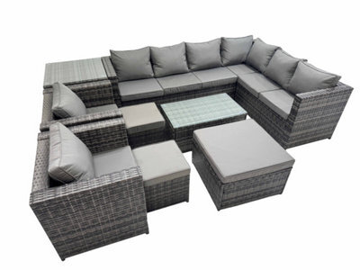 Fimous Patio Sofa Oblong Coffee Table Set Rattan Garden Furniture Set With 2 Chairs 3 Stools Side Table Dark Grey Mixed - image 1