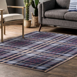 Tartan Blue Chequered Tartan Easy To Clean Rug For Dining Room -80 X 300Cm (Runner) - thumbnail 1