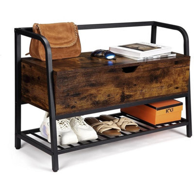 Shoe Bench Wood Bench Storage With Flip-Open Box Metal Frame Shoe Rack Entryway - image 1