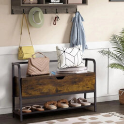 Shoe Bench Wood Bench Storage With Flip-Open Box Metal Frame Shoe Rack Entryway - thumbnail 3