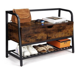 Shoe Bench Wood Bench Storage With Flip-Open Box Metal Frame Shoe Rack Entryway - thumbnail 1