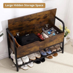 Shoe Bench Wood Bench Storage With Flip-Open Box Metal Frame Shoe Rack Entryway - thumbnail 4