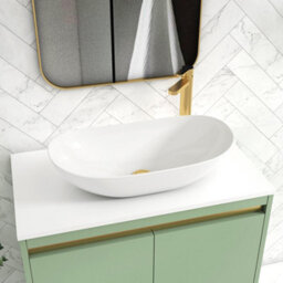 Royal Bathrooms Orion 800mm Mint Sage Floor Standing Plain White Countertop Vanity Unit 2 Door With Cesar Basin & Brushed Brass Accent Trim - thumbnail 5