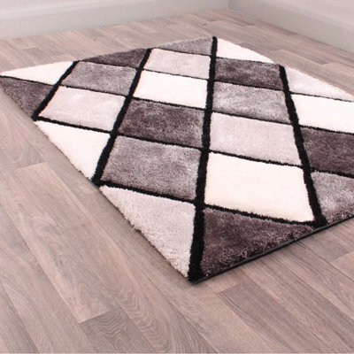 Optical 3D Grey Modern Shaggy Geometric Sparkle Rug For Dining Room Bedroom & Living Room-80Cm X 150Cm