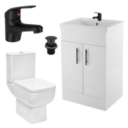 FNX Bathrooms Bubly Bathrooms™ 600mm Freestanding Gloss White Vanity, Ceramic Basin, Wc & Matt Black Tap Set - thumbnail 1