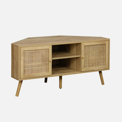 Sweeek - Wood And Cane Decor Corner Tv Unit 2 Doors 1 Shelf 115Cm - image 1
